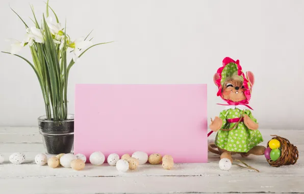 Flowers, toy, eggs, spring, doll, Easter, Holiday