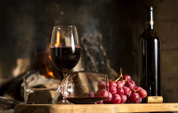 Wine, red, bottle, glasses, grapes, Board