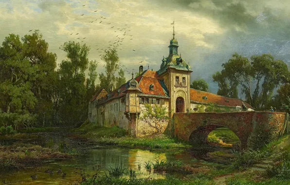 German painter, German landscape painter, oil on canvas, 1871, August Levin von Villa, Water castle …