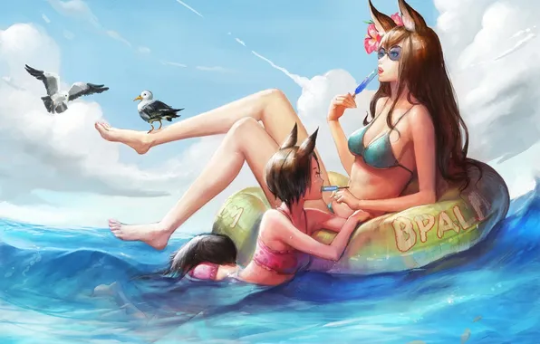 Sea, water, flowers, birds, girls, seagulls, art, glasses