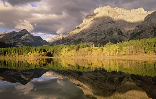 Autumn, forest, water, trees, mountains, lake, reflection, sunlight
