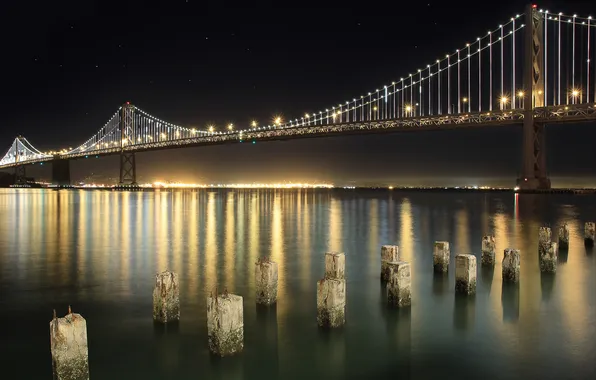 The sky, stars, night, bridge, lights, reflection, CA, San Francisco