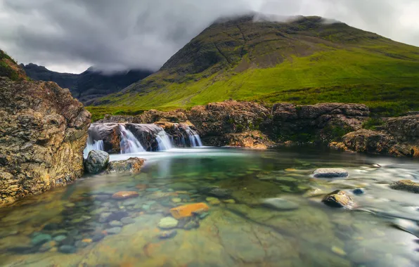 Mountains, clouds, stream, stones, waterfall, Scotland