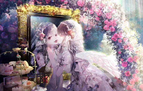 Frame, mirror, sweets, the bride, veil, cakes, ruffles, red roses