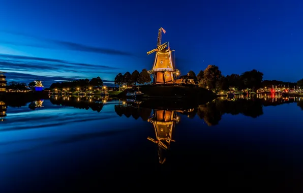 Picture lights, the evening, backlight, mill, channel, Netherlands, Holland