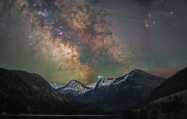 Forest, space, stars, snow, mountains, night, shore, the slopes