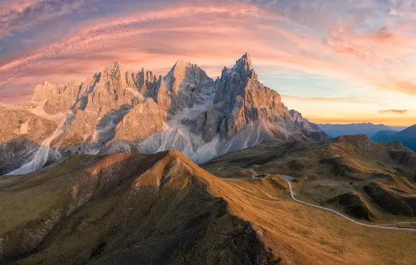 Road, the sky, clouds, mountains, rocks, dawn, the slopes, tops