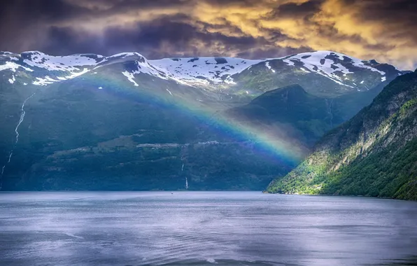 Snow, mountains, clouds, shore, tops, rainbow, pond