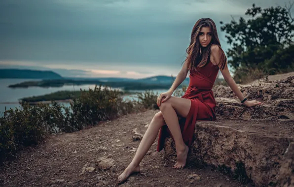 Download wallpaper mountains, pose, horizon, space, legs, red dress ...