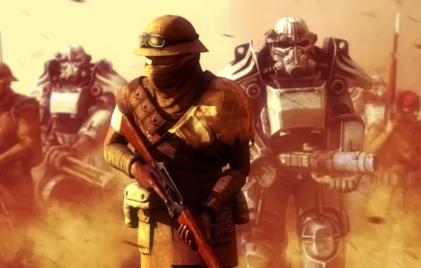 Picture fiction, war, soldiers, armor, fallout, new vegas, post apocalyptic, brotherhood of steel