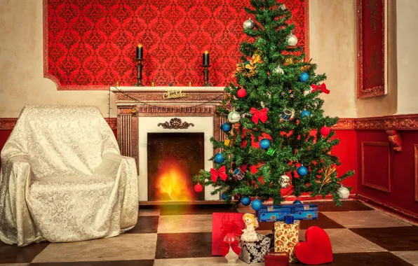 Gift, tree, new year, interior, chair, Christmas, fireplace