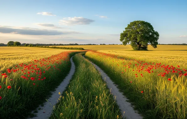 Road, wheat, field, summer, the sky, clouds, Wallpaper, wallpaper