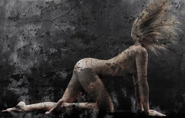 Girl, rendering, wall, the wind, plaster