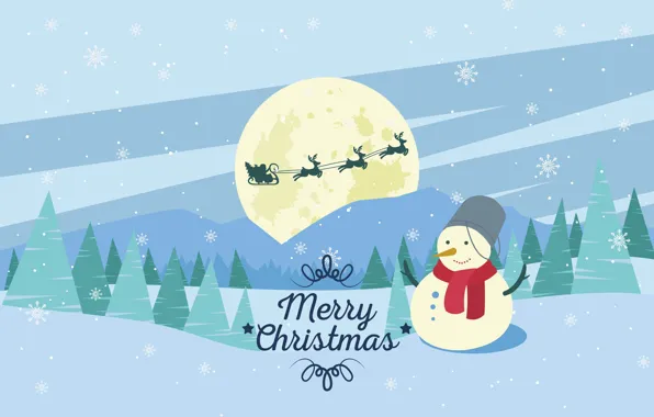 Winter, Night, Snow, The moon, Smile, Christmas, New year, Santa Claus