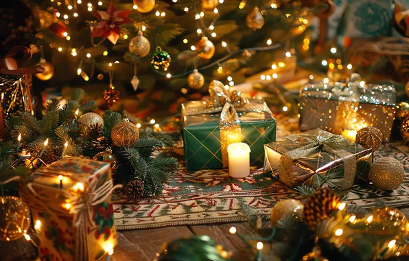 Picture tree, lights, Christmas, garland, gifts, toys