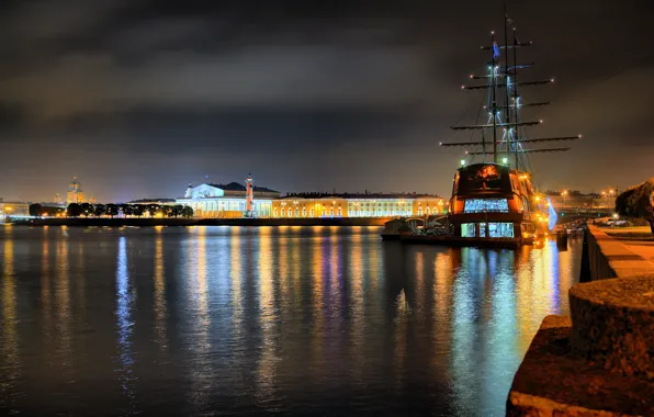 HDR, Night, Ship, Arrow, Saint Petersburg, Neva