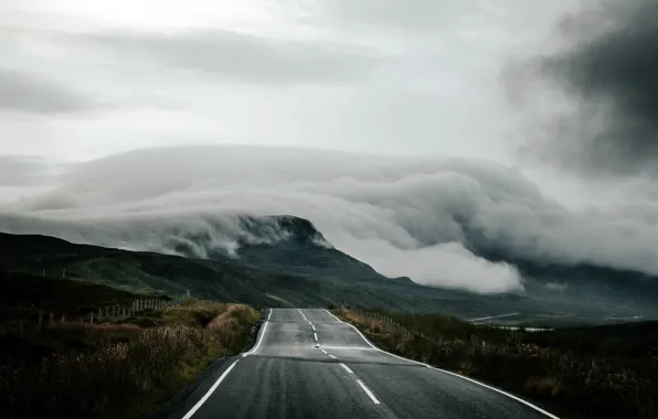 Road, fog, Scotland, United Kingdom, Tote