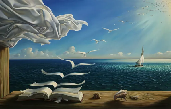 Sea, wave, clouds, birds, picture, horizon, window, sail