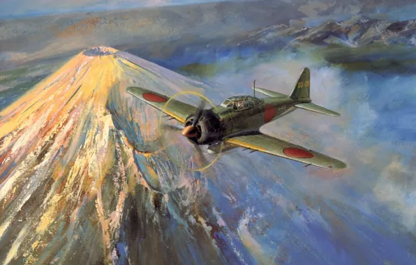 Picture war, ww2, zero, japanese aircraft, a6m, painting art
