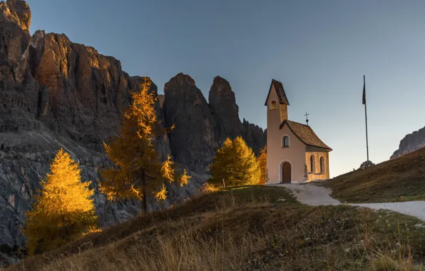 Autumn, the sky, light, trees, mountains, rocks, blue, tops