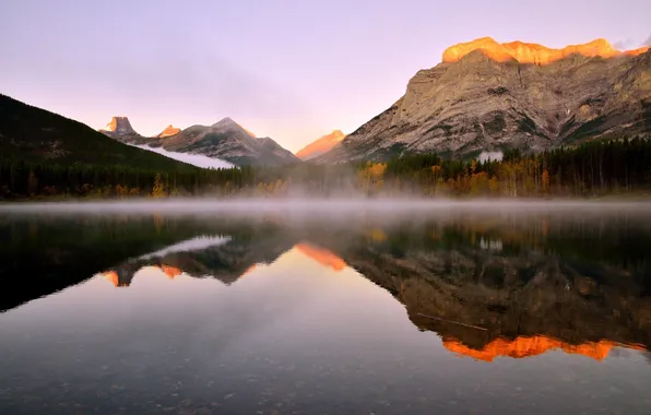 Picture landscape, lake, morning, Canada, mountains. haze