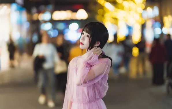 Beautiful, Asian, Model, Lights, Night, Street, Woman, Cute