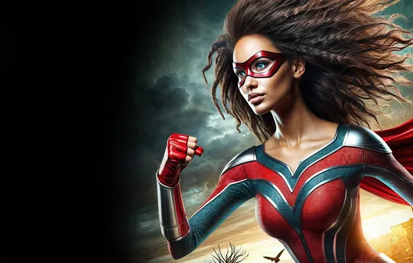 Girl, clouds, mask, super heroine