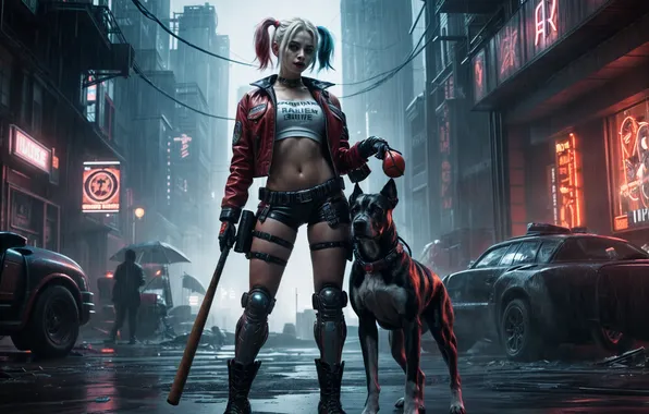 Girl, street, dog, cyborg, Harley Quinn, the image is generated by AI