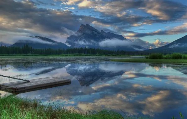 Forest, the sky, clouds, reflection, mountains, lake