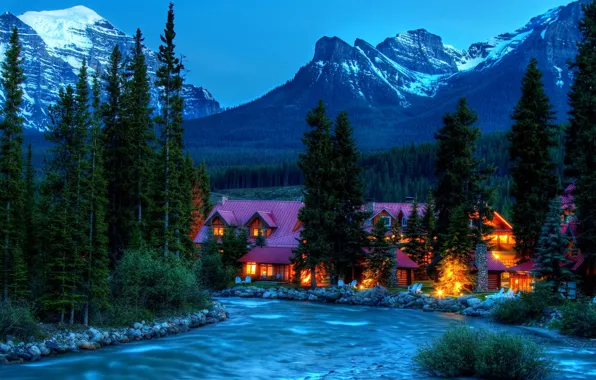 Picture forest, snow, trees, mountains, house, river, stones, rocks