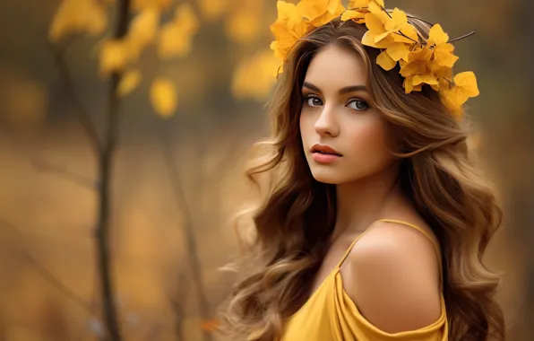 Picture portrait, wreath, AI art, face, autumn leaves, girl, autumn, neural network