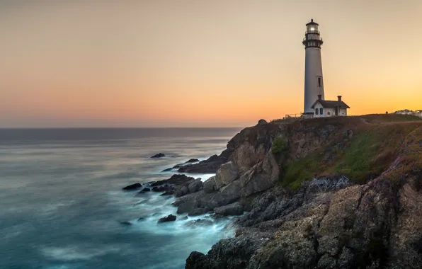 Sea, the sky, stones, rocks, shore, lighthouse, CA, house