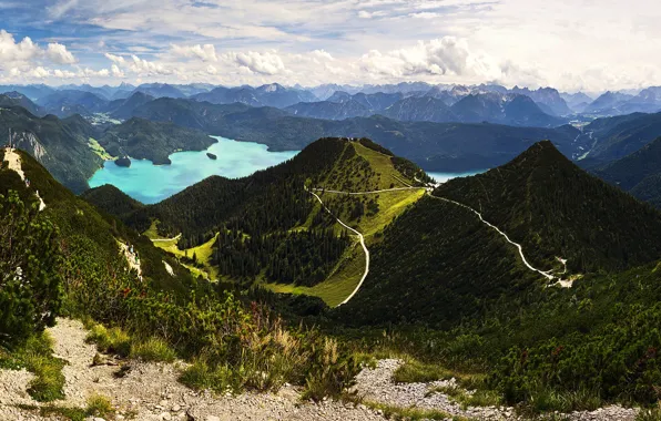 Road, forest, clouds, mountains, lake, stones, vegetation, the slopes