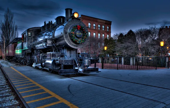 Picture the city, home, the engine, Christmas, decoration, wreath, Express