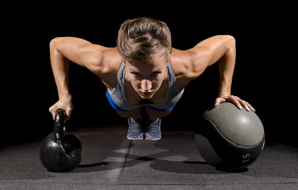 Workout, crossfit, pushups, Russian dumbbell