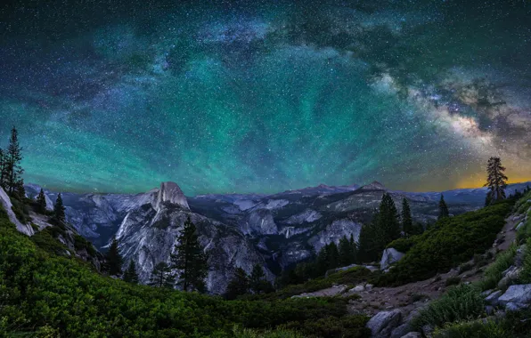 Picture the sky, stars, mountains, night, glow, CA, USA, Yosemite
