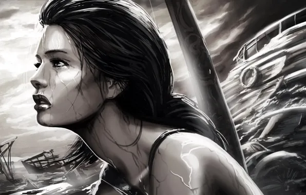 Picture sea, girl, rain, the game, black and white, ships, Tomb Raider, Lara Croft