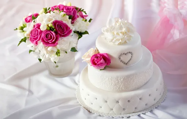 Picture white, flowers, heart, roses, cake, freesia, wedding