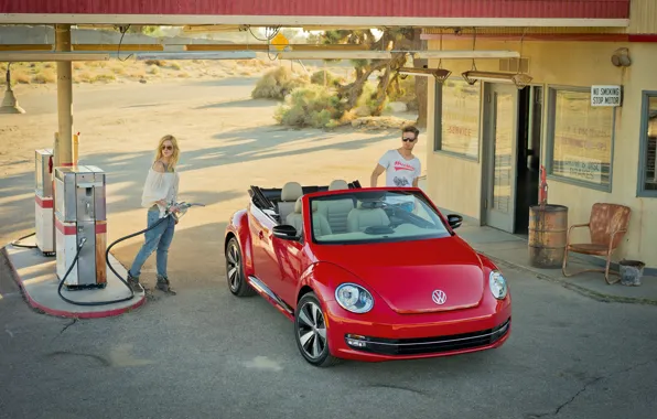 Girl, red, dressing, beetle, glasses, blonde, guy, convertible