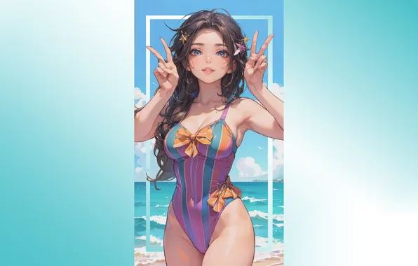 Kawaii, girl, hot, sexy, beach, sea, ocean, anime