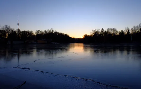 Ice, sunset, reflection, Moscow, Botanical garden, trees, Ostankino TV tower, ice lake