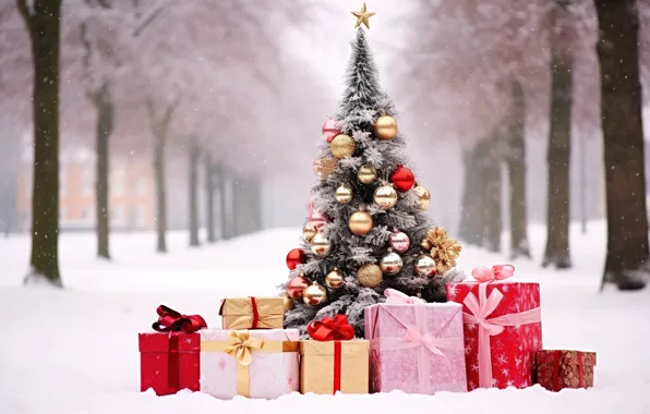 Winter, snow, decoration, balls, tree, New Year, Christmas, gifts