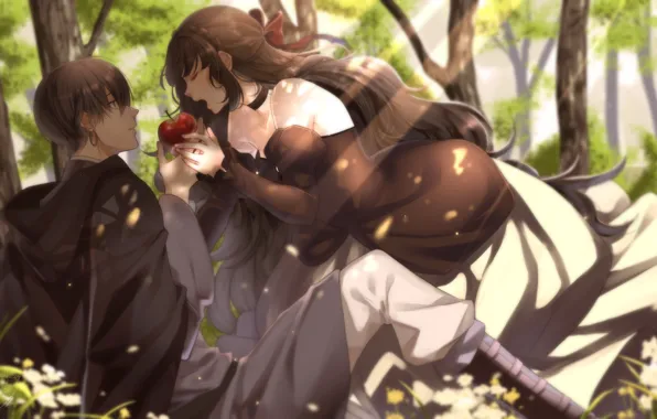 Girl, Apple, anime, art, guy, two