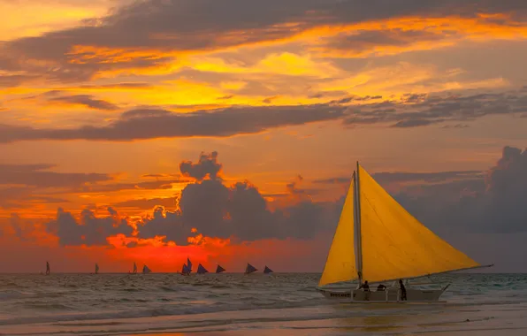 Sea, the sky, clouds, sunset, people, shore, boat, sail