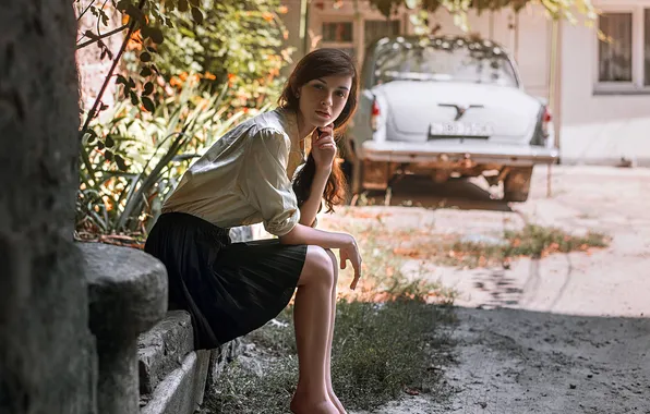 Girl, model, sitting, Volga, barefoot, Dmitry Begma