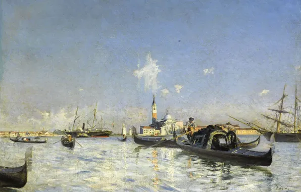 Picture boat, ship, picture, gondola, seascape, the bell tower, Giovanni Boldini, The island of San Giorgio …