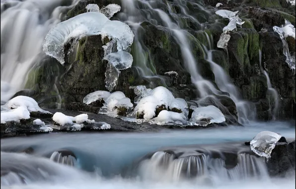 Picture waterfall, ice, frozen, Iceland, Haukadalur