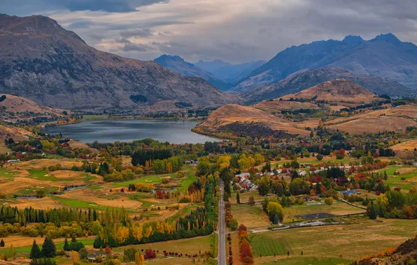 Road, autumn, forest, clouds, mountains, lake, the slopes, view