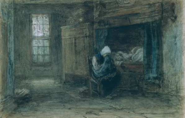 Figure, watercolor, 1911, Joseph Israels, Jozef Israels, One in the World