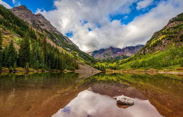 Clouds, mountains, lake, USA, Maroon Bells